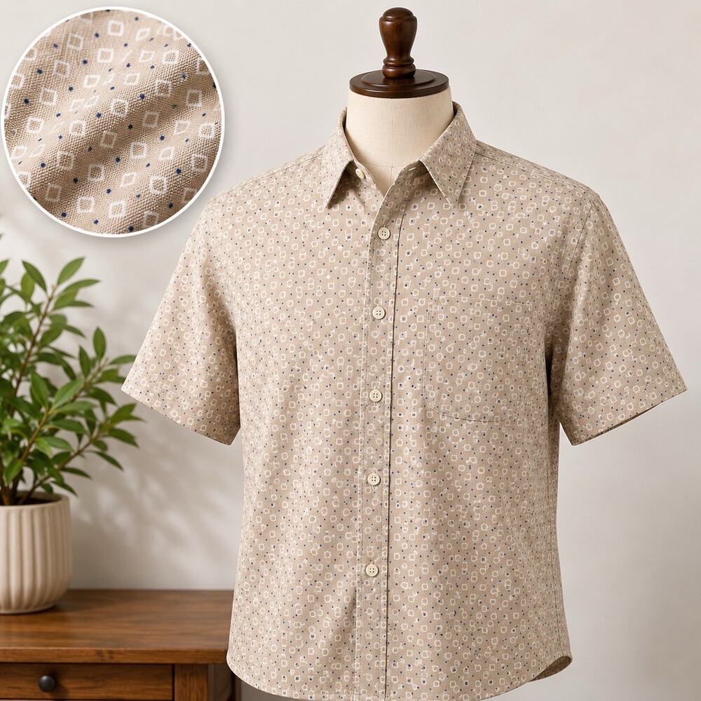 Perry Ellis Mens Large 100% Rayon Button Front Short Sleeve Geometric Camp Shirt